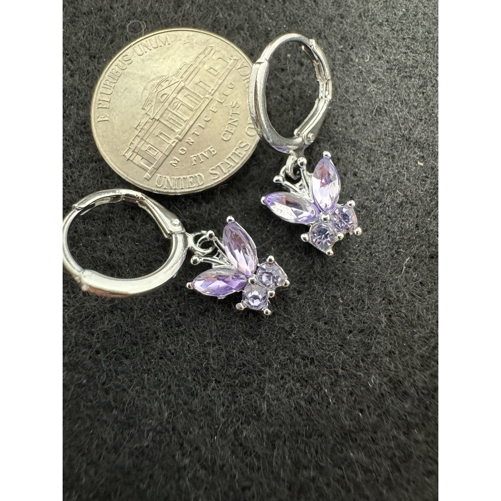 Purple Crystal Butterfly Dangle Huggie Hoop Earrings Silver Tone NWT
